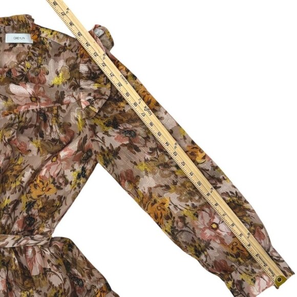 Greylin Floral Ruffle Long Sleeve Belted Dress Medium Multicolor - Picture 12 of 12